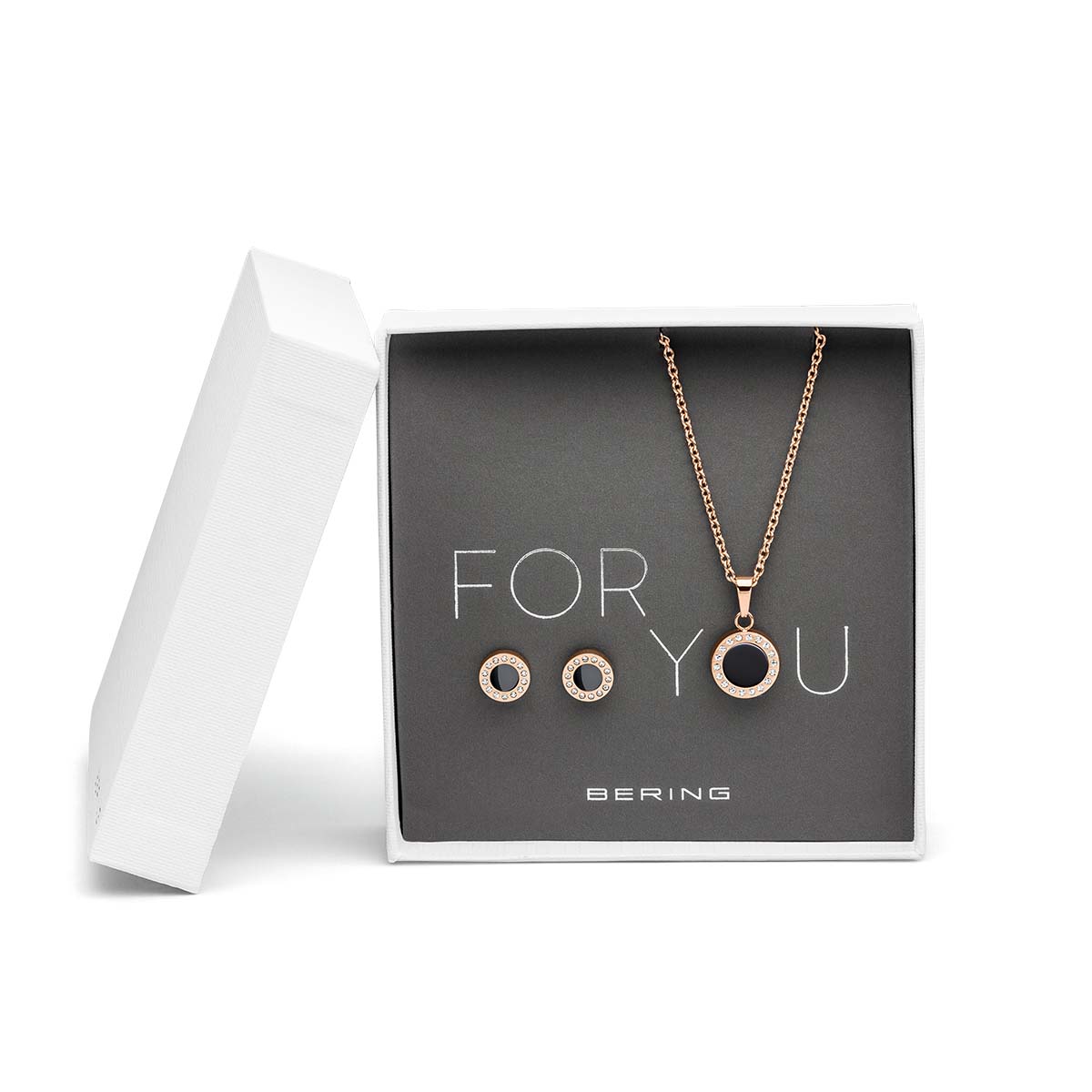 "Conjunto de joyas: collar y pendientes, color oro rosa, elementos colgantes negros"