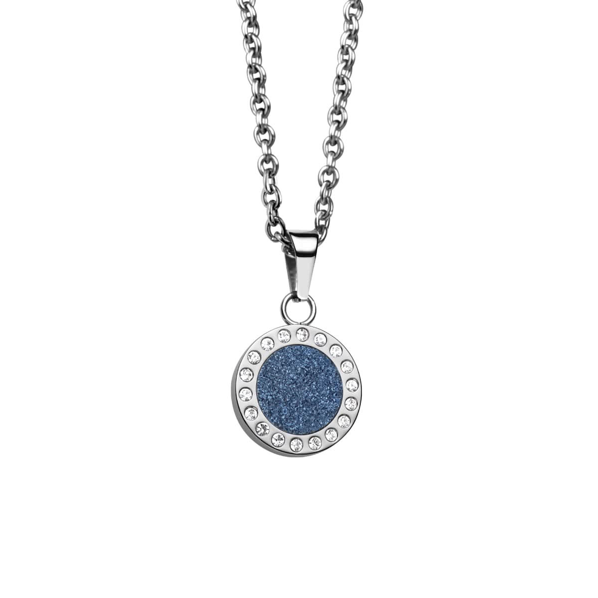 Collar con colgante redondo, panel de brillo azul y gemas brillantes