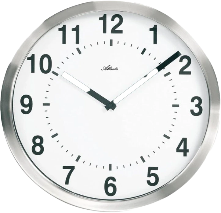 Reloj de pared Atlanta, reloj redondo con marco plateado, esfera blanca y manecillas negras.