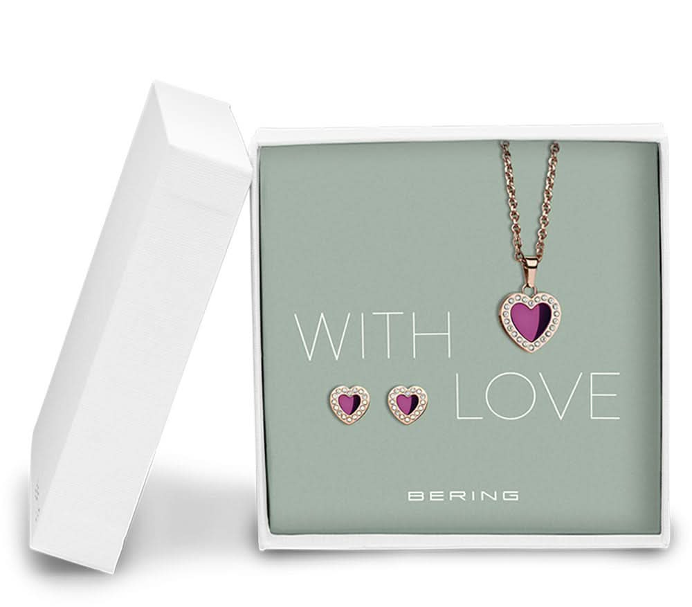 BERING Set de joyas: collar con colgante de corazón, corazón morado, más pendientes de corazón