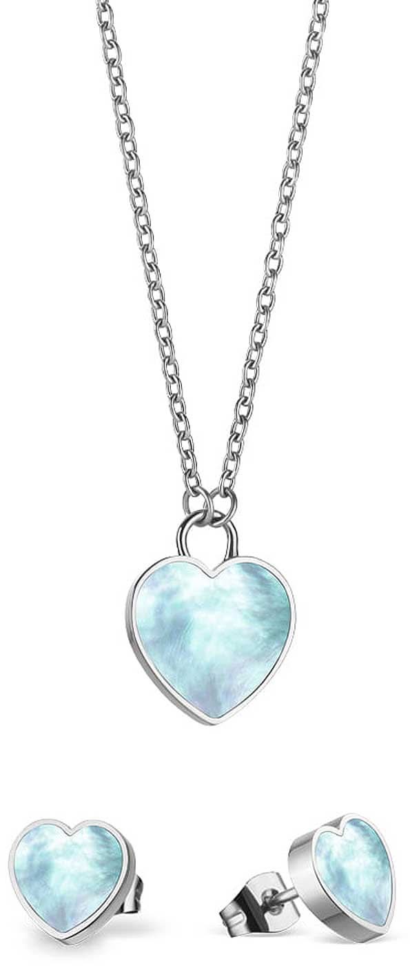 Collar de plata con colgante de corazón y pendientes a juego, corazón azul claro