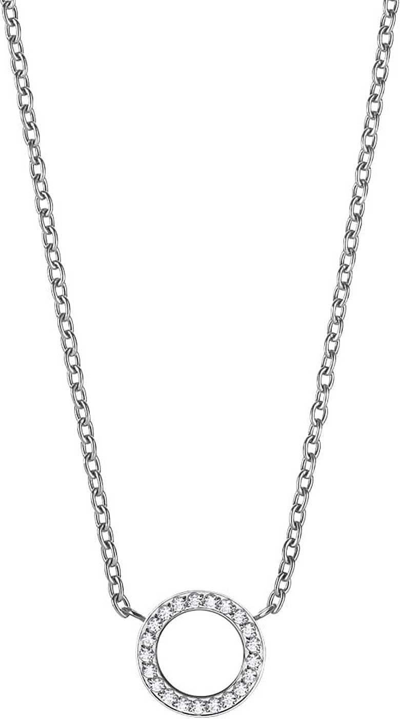 "Collar de acero inoxidable plateado con colgante redondo y circonitas en círculo"
