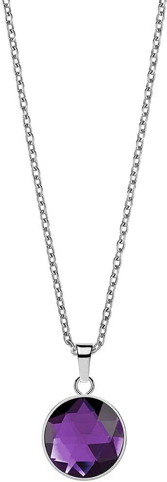 Collar de acero inoxidable con colgante redondo de amatista facetada en cinta