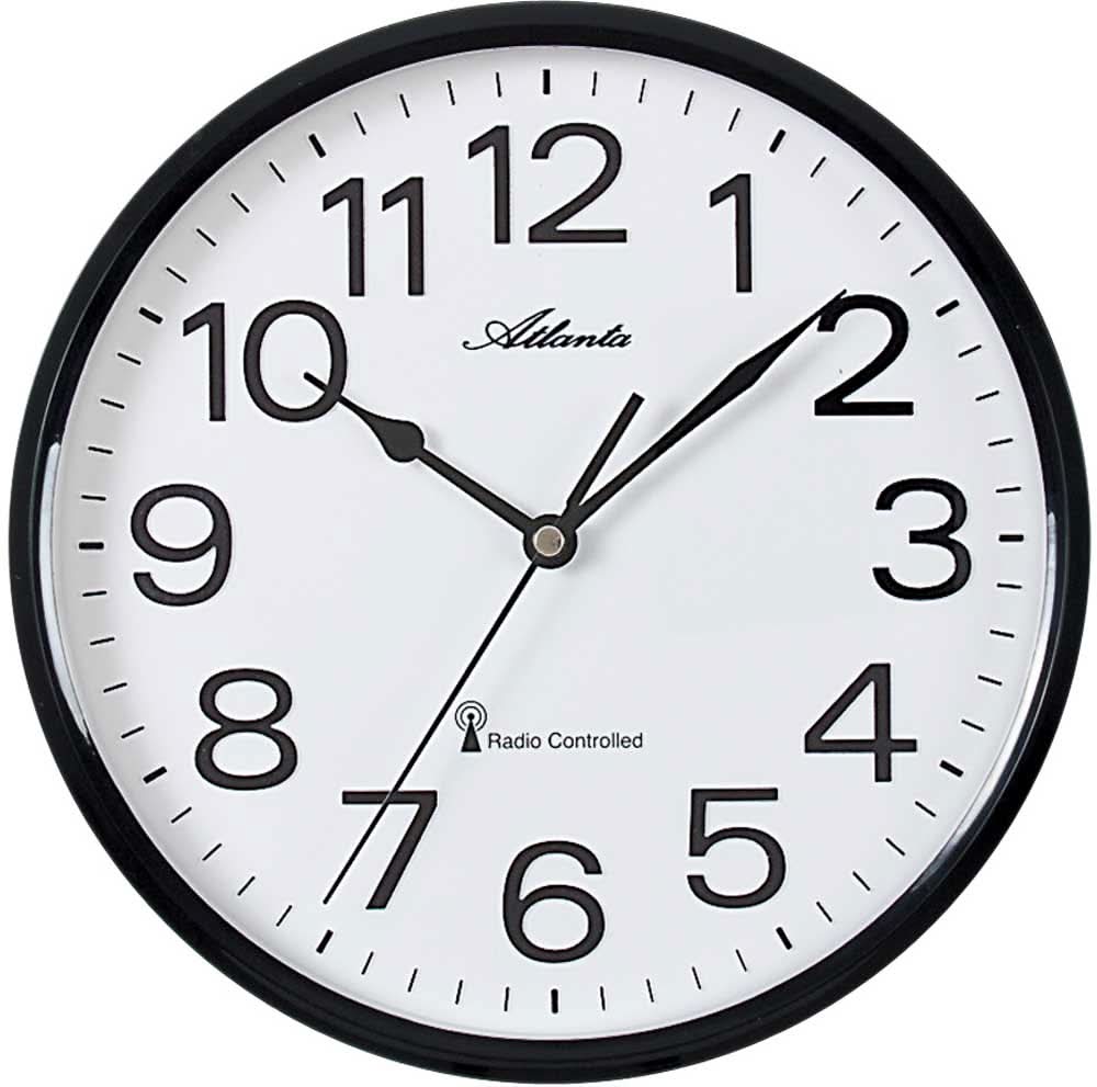 Reloj de pared redondo con borde negro, esfera blanca y manecillas negras, Atlanta