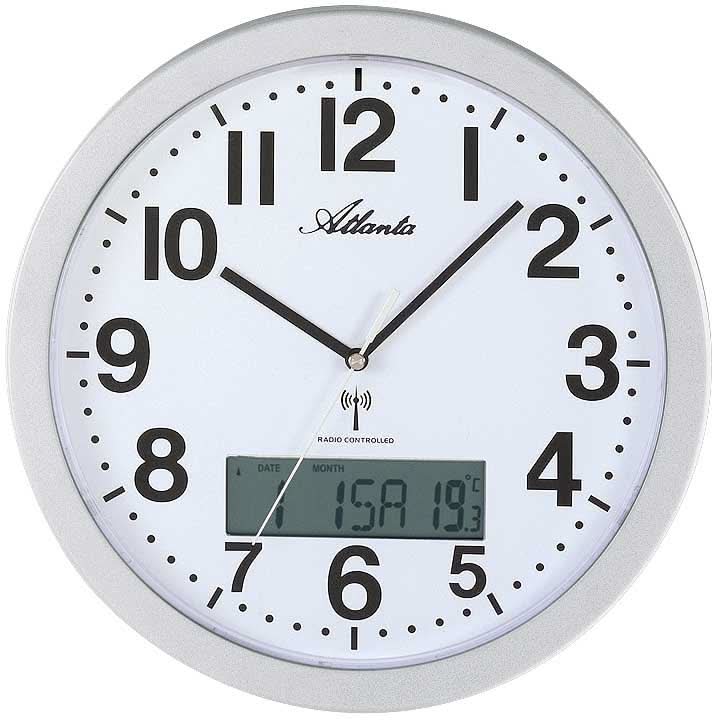 "Reloj de pared con marco de plástico plateado, esfera blanca y visualización digital de la fecha"