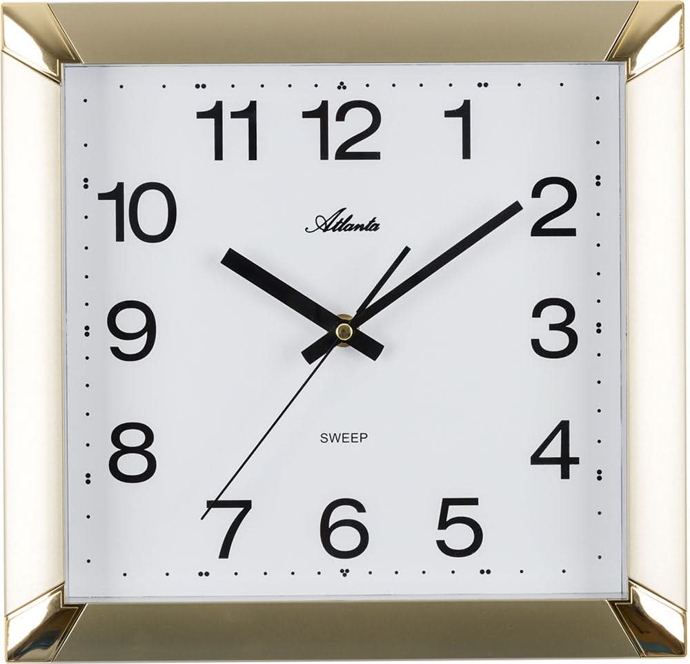 Reloj de pared cuadrado con marco dorado, esfera blanca y manecillas negras