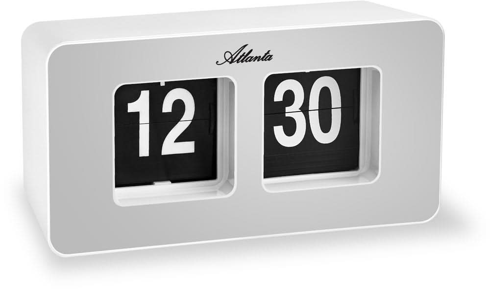 Reloj de pared retro con carcasa de plástico y pantalla abatible, muestra 12 y 30