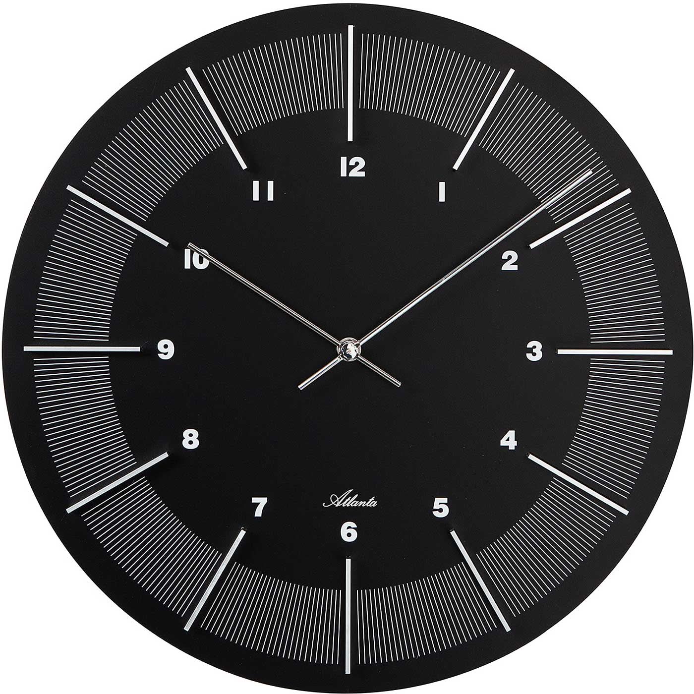 Reloj de pared Atlanta con esfera negra, marcadores de índice y manecillas plateadas, redondo