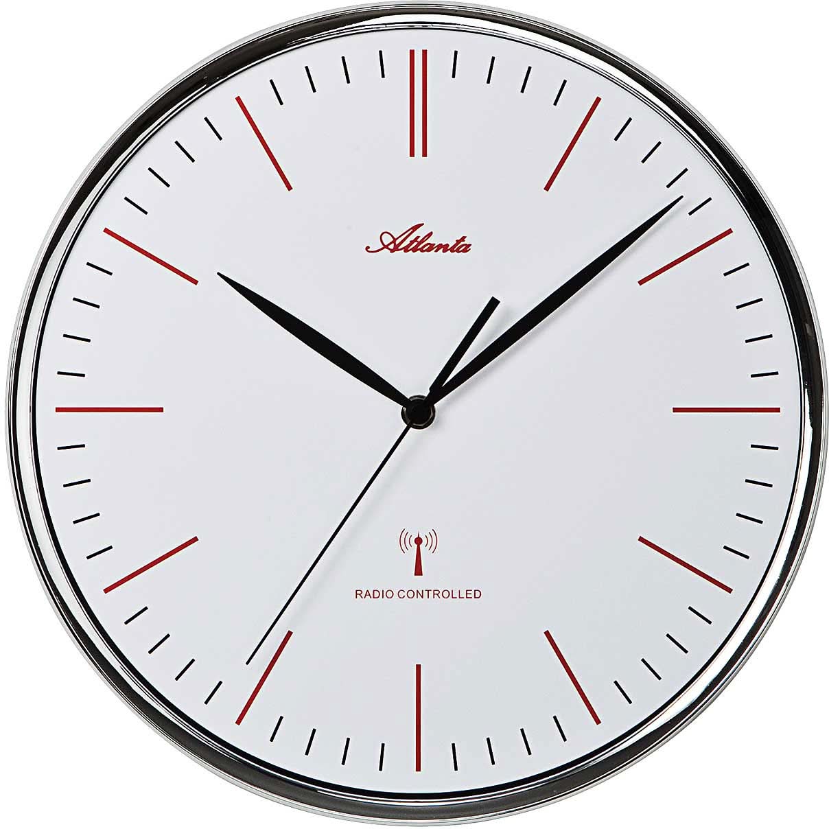 Reloj de pared con caja redonda, esfera blanca, manecillas negras y marcadores rojos, radio