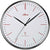 Reloj de pared con caja redonda, esfera blanca, manecillas negras y marcadores rojos, radio