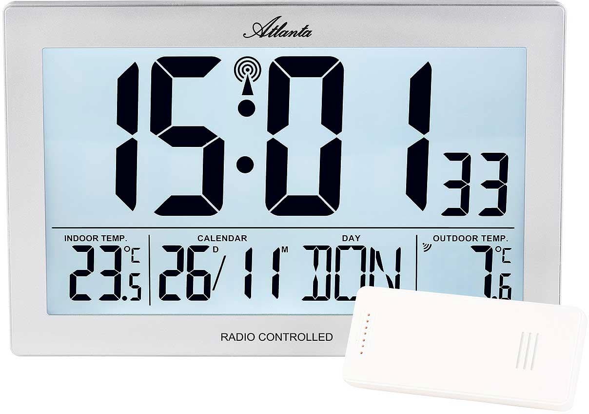 Reloj de pared Atlanta con pantalla LCD, hora de radio, temperatura interior y exterior