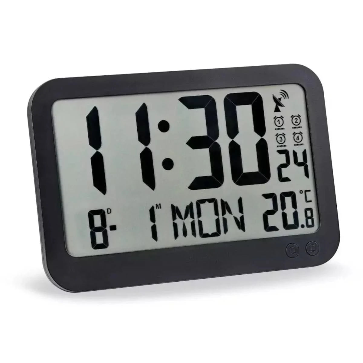 Reloj de pared con gran pantalla digital, marco oscuro, indicador de temperatura y símbolos