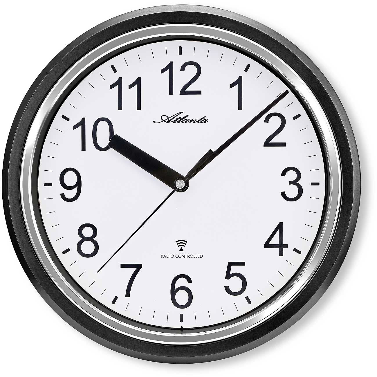 Reloj de pared Atlanta con marco de plástico negro y esfera blanca, reloj radiocontrolado