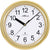 Reloj de pared redondo con marco de plástico dorado, esfera blanca y manecillas negras