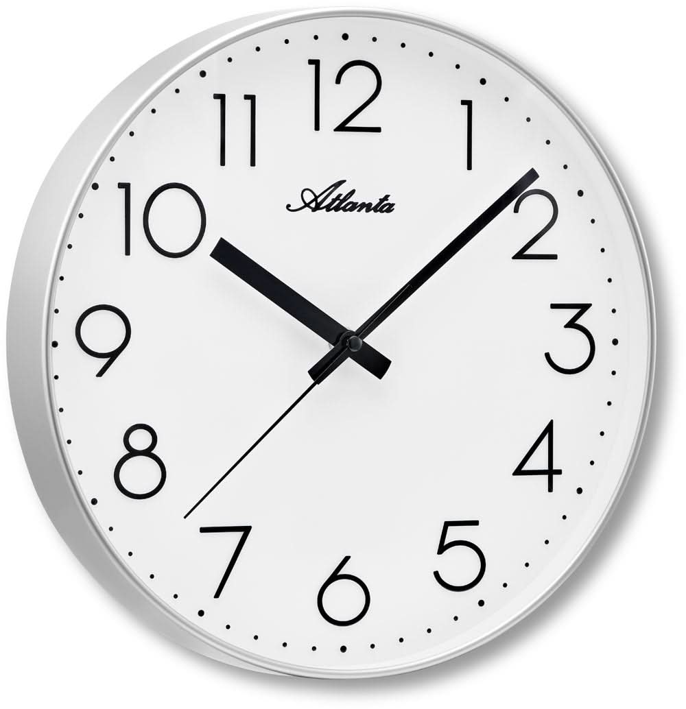 Reloj de pared Atlanta, reloj redondo de plástico con esfera blanca y manecillas negras