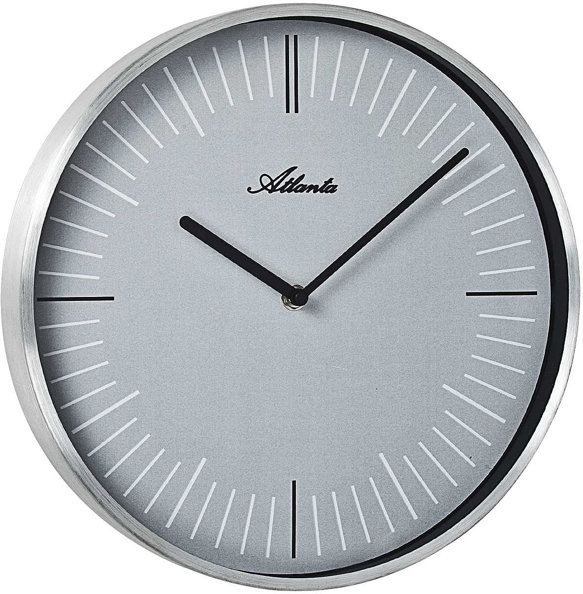 Reloj de pared redondo de metal con borde plateado, esfera gris y manecillas negras