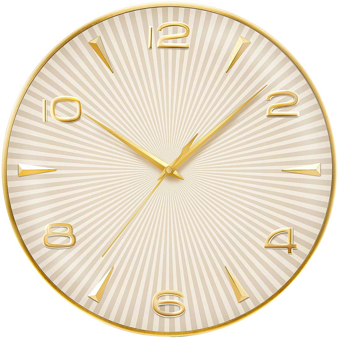 Reloj de pared dorado con esfera beige, números y manecillas dorados.