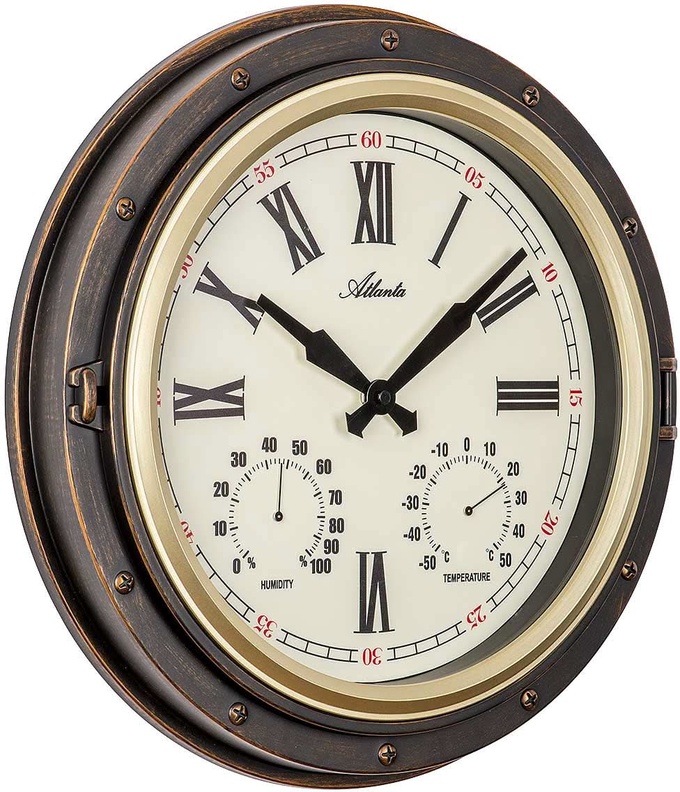 Reloj de pared con esfera analógica, indicadores de temperatura y humedad, marco oscuro, Atlanta