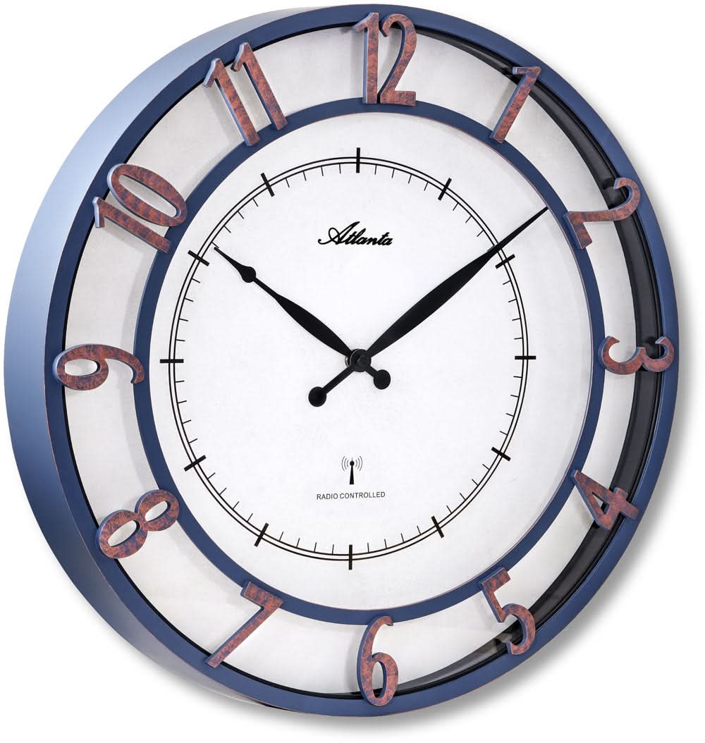 Reloj de pared redondo: marco de plástico azul, esfera blanca, números romanos