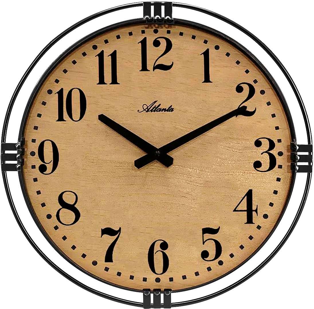 Reloj de pared con esfera redonda de madera, números romanos y manecillas negras, marco metálico negro