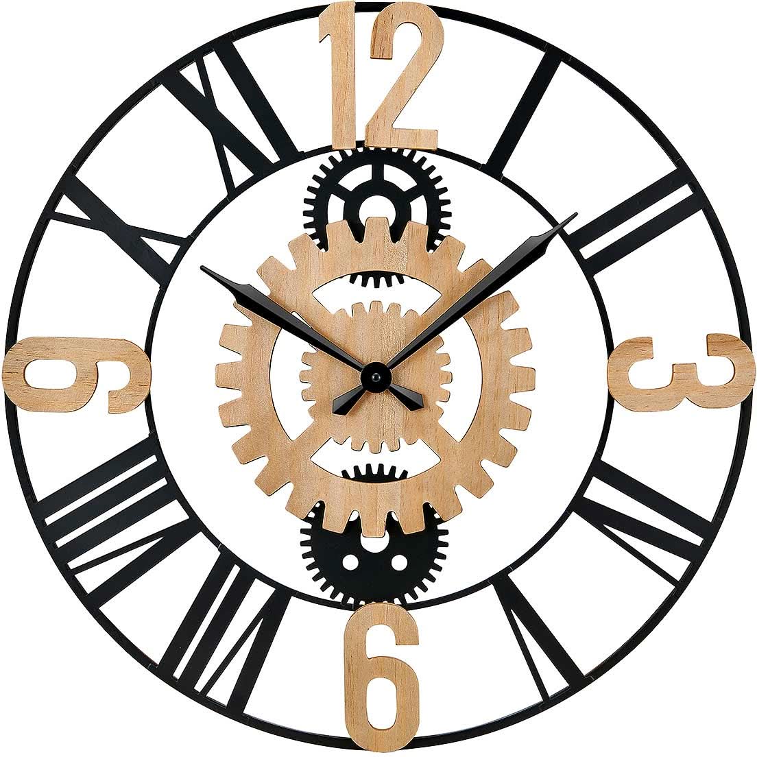 Reloj de pared con esfera negra y aspecto de engranaje de madera