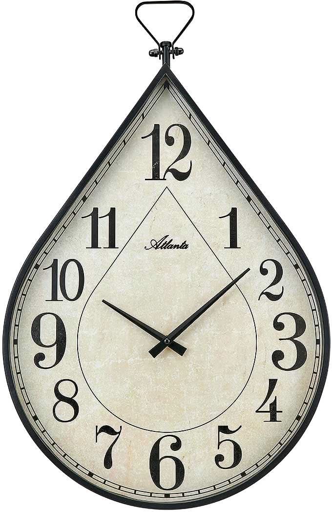 Reloj de pared con forma de gota con marco de metal negro, números arábigos e manecillas