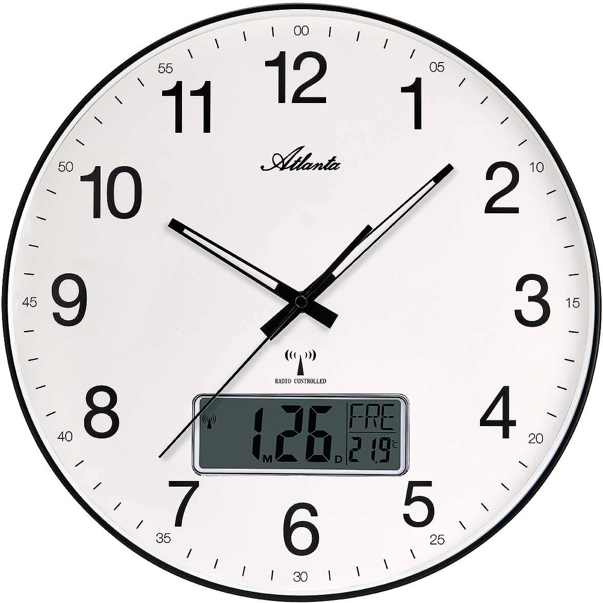 Reloj de pared Atlanta con esfera blanca, marco negro, manecillas analógicas y pantalla digital.