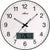 Reloj de pared Atlanta con esfera blanca, marco negro, manecillas analógicas y pantalla digital.