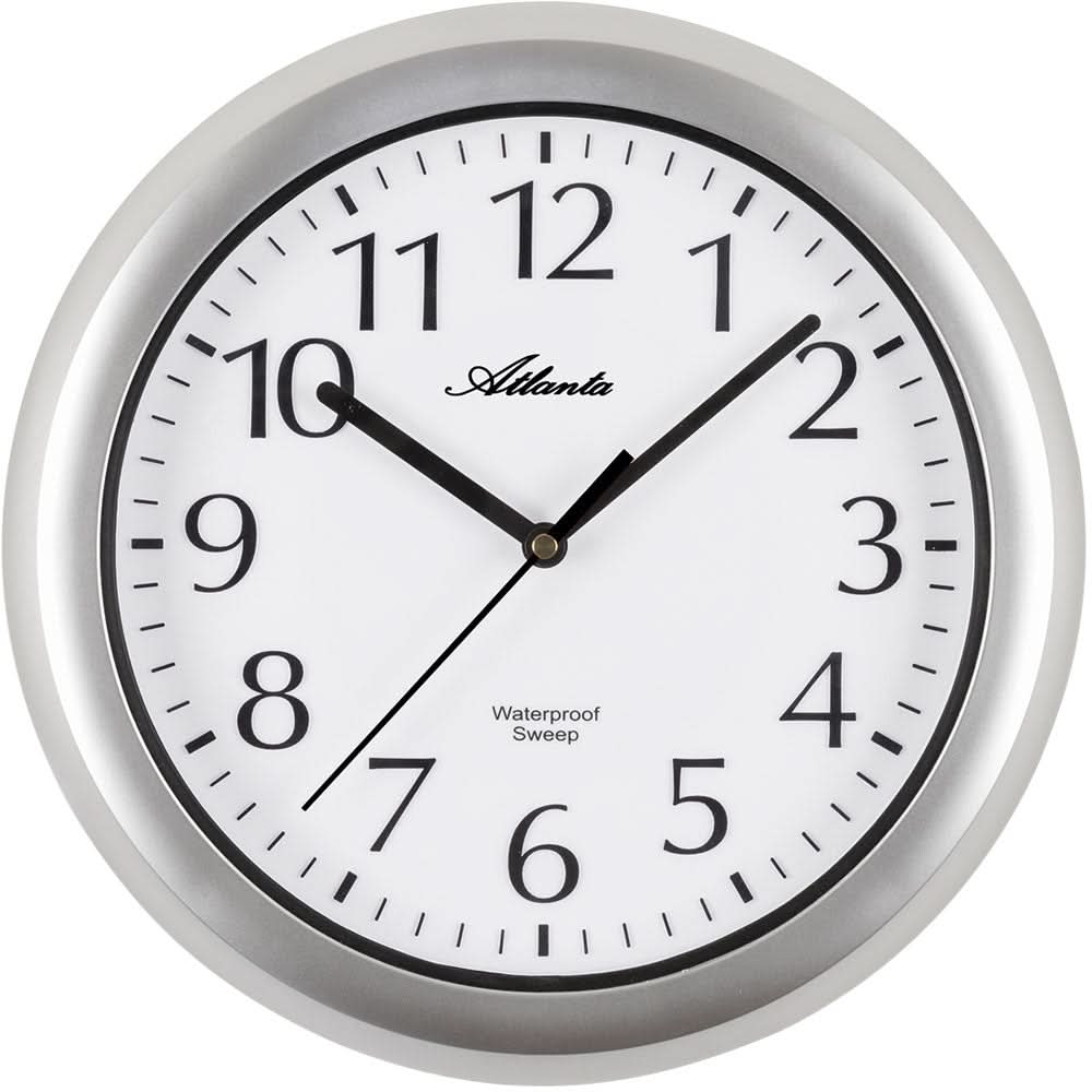 "Reloj de pared con esfera blanca, números y manecillas negras, marco de plástico gris"