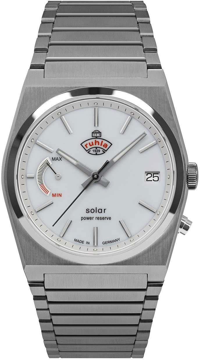 Reloj Ruhla para hombre con correa de acero inoxidable, esfera clara, fecha 25, movimiento solar