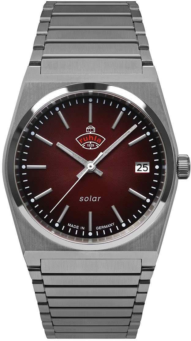 Reloj Ruhla para mujer con brazalete de metal, esfera redonda, esfera de color rojo oscuro y fecha