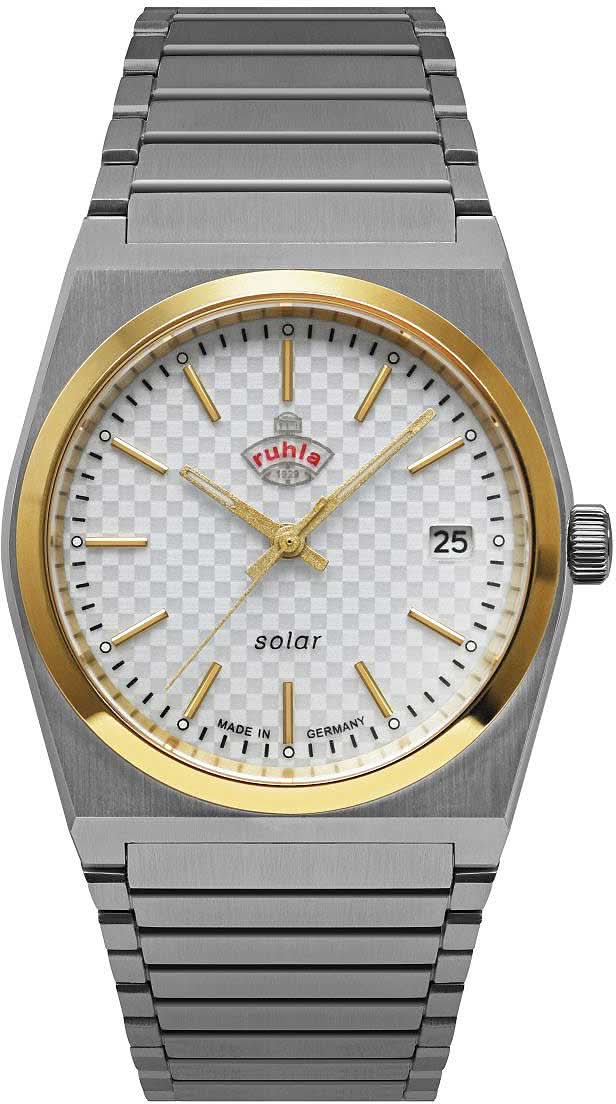 Reloj de mujer con correa de metal, bisel dorado, esfera gris con fecha del 25