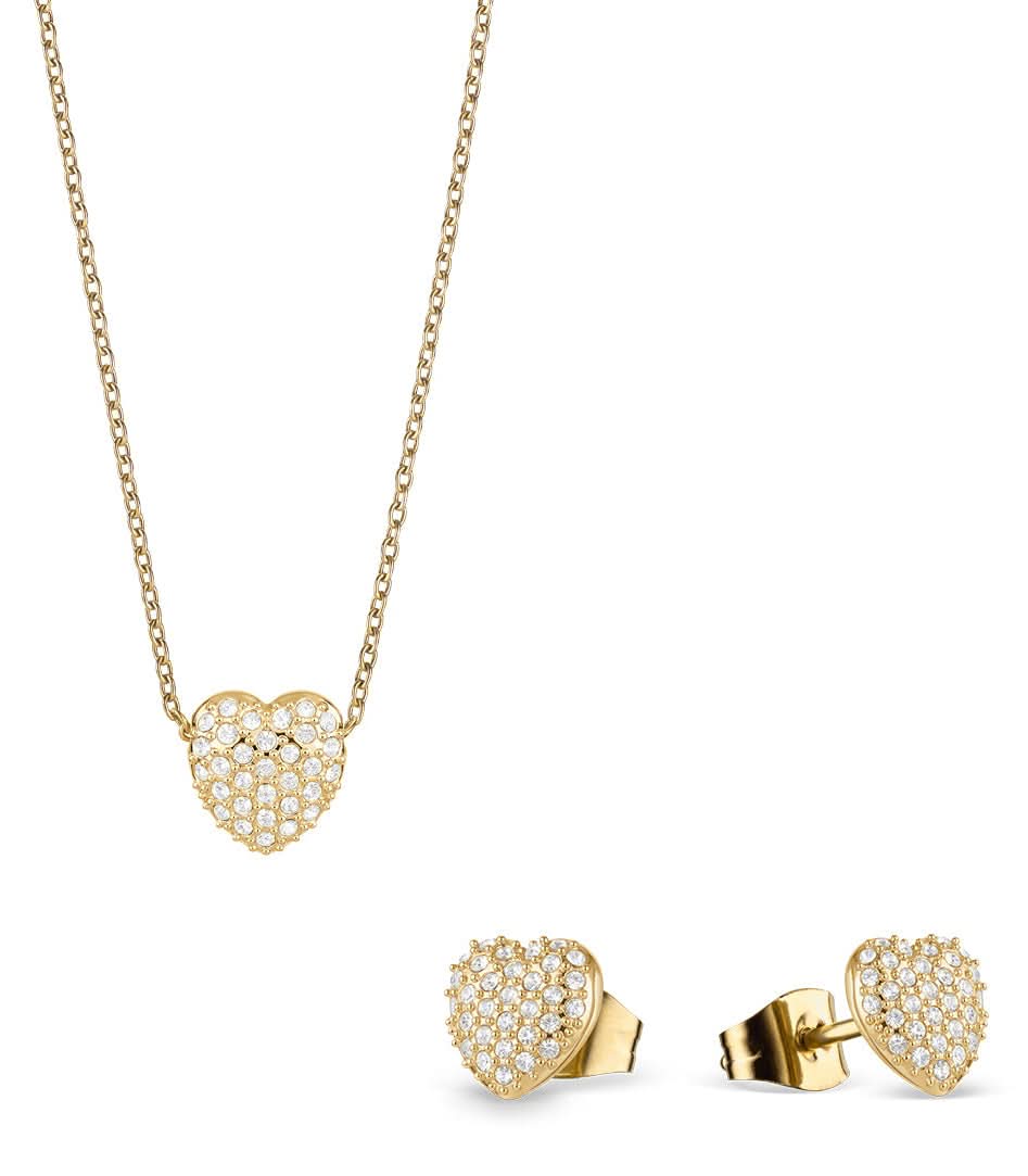 Collar con colgante de corazón dorado y pendientes de corazón brillantes
