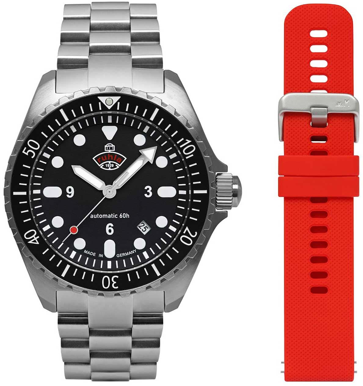 Set de reloj para hombre: esfera negra con correa de acero, además de correa de silicona roja