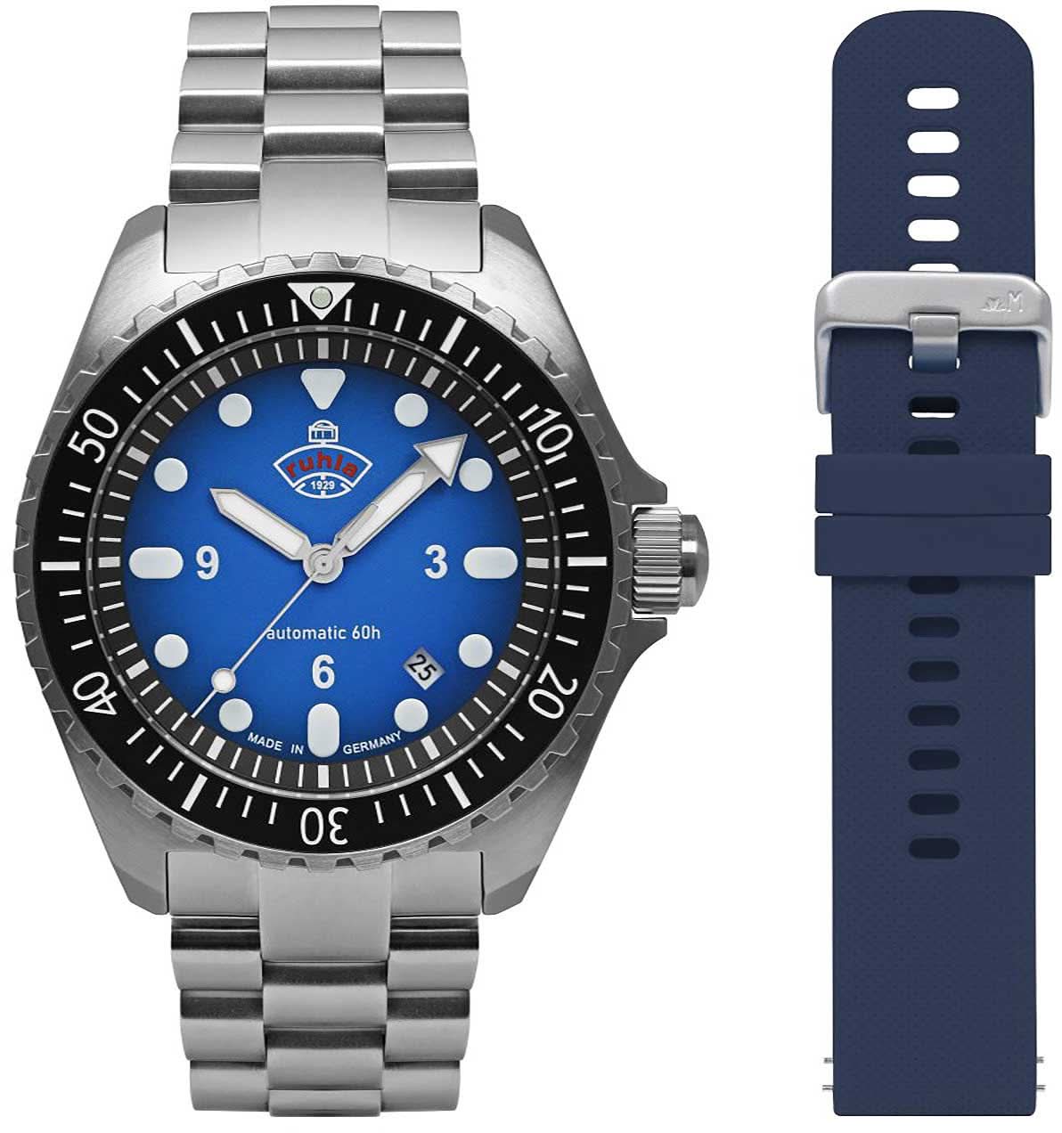 Alt: Juego de relojes de pulsera: reloj para hombre con esfera azul, bisel de acero y correa azul
