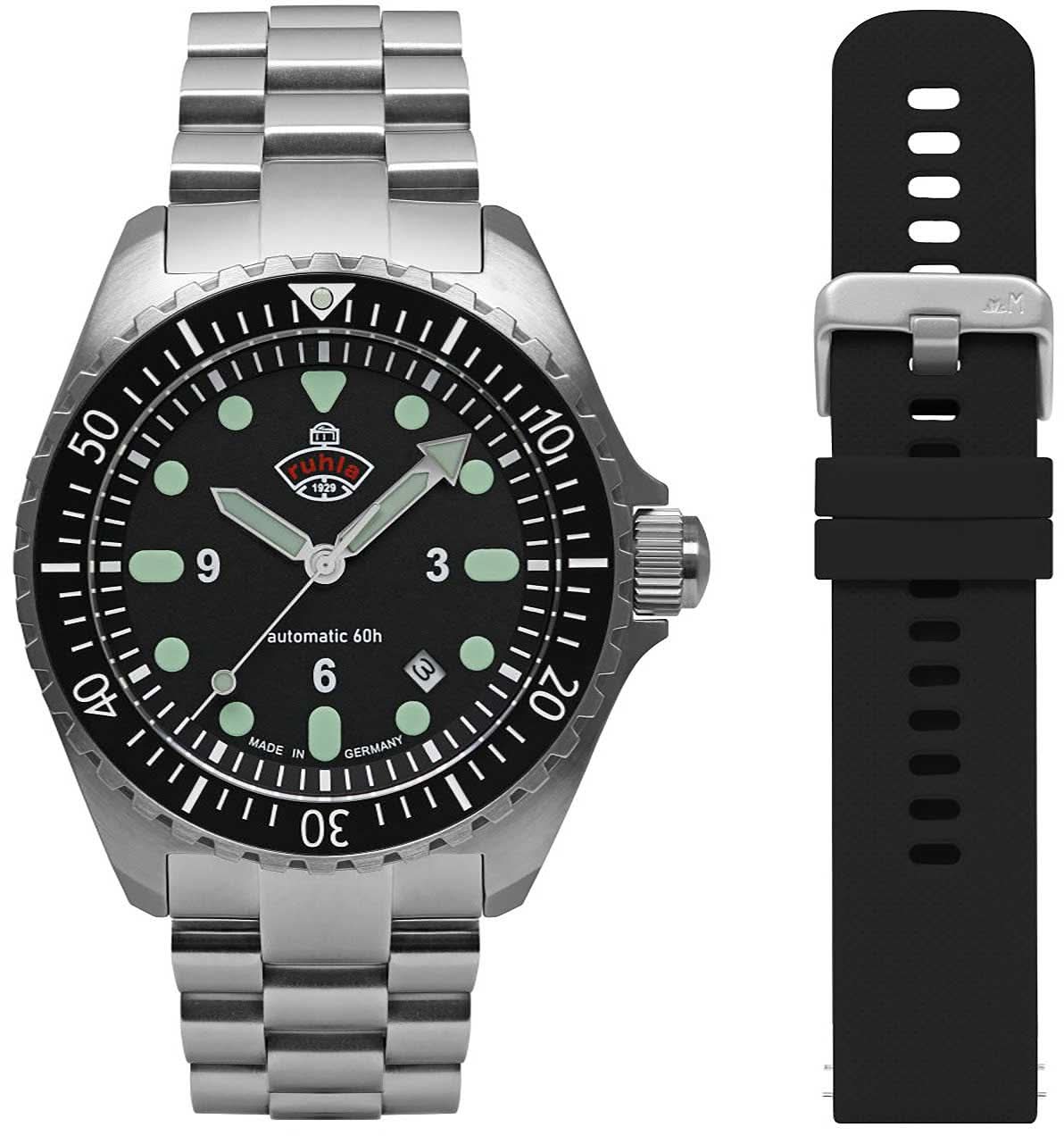 Reloj de hombre con esfera negra, marcadores luminosos verdes y correa de acero inoxidable