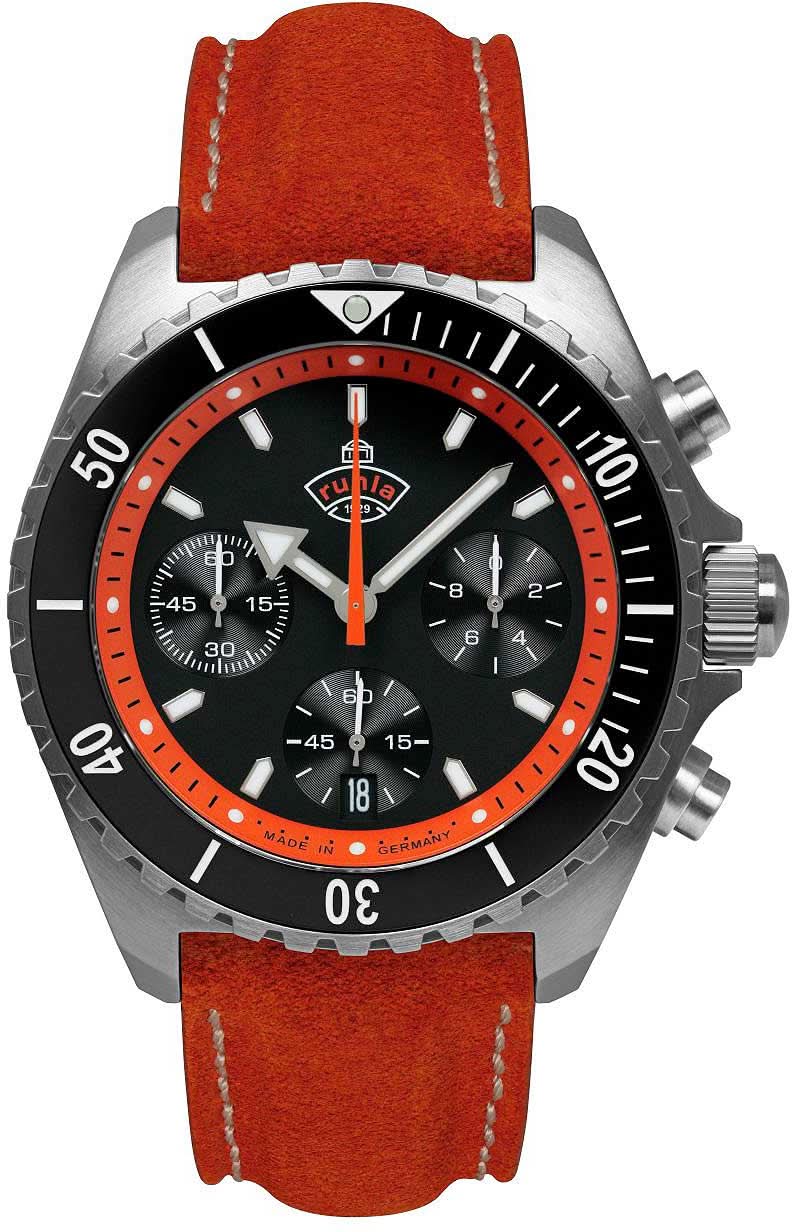 Reloj de hombre con esfera negra, bisel naranja y correa de cuero