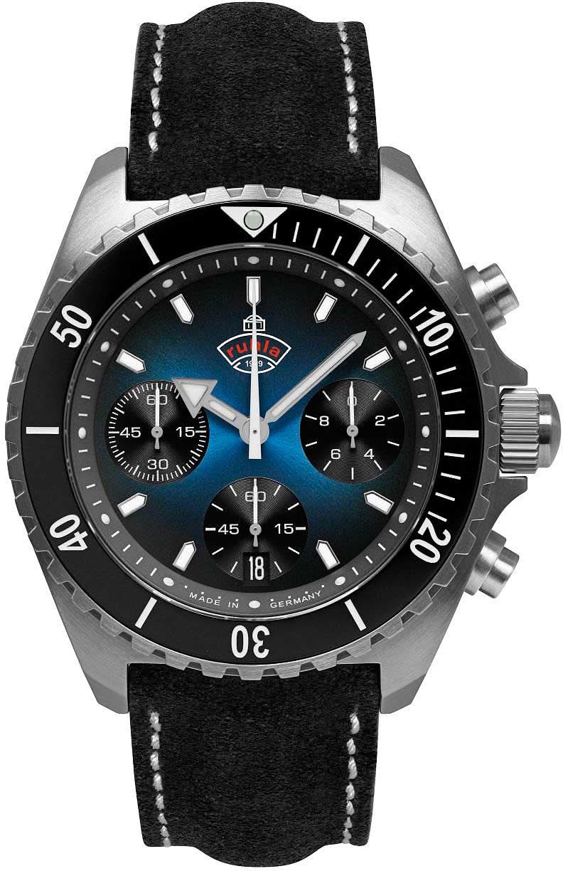 Reloj de hombre con correa de cuero negra, esfera de cronógrafo azul y caja de metal