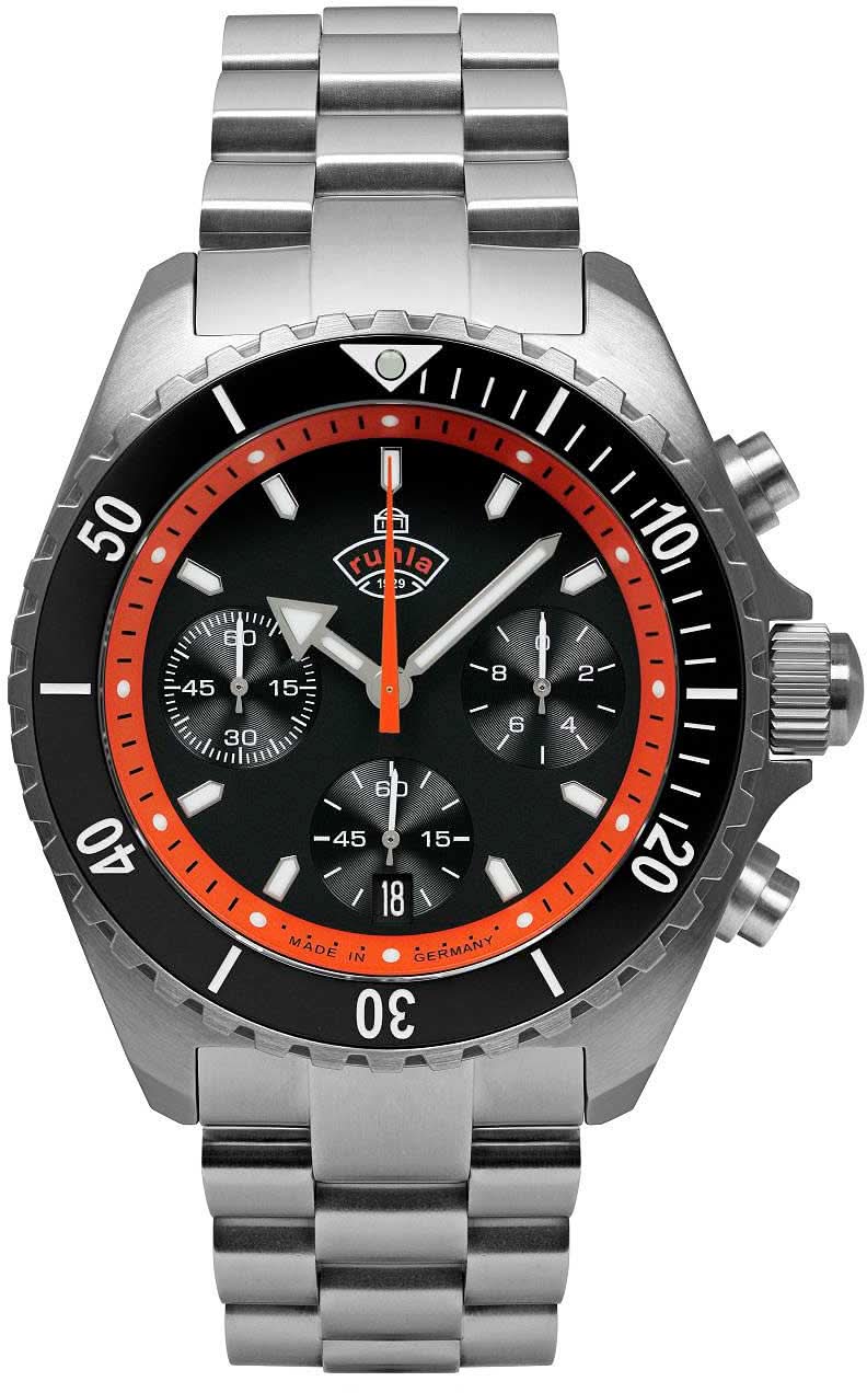 Reloj de hombre con correa de acero inoxidable, esfera negra y bisel naranja, cronógrafo