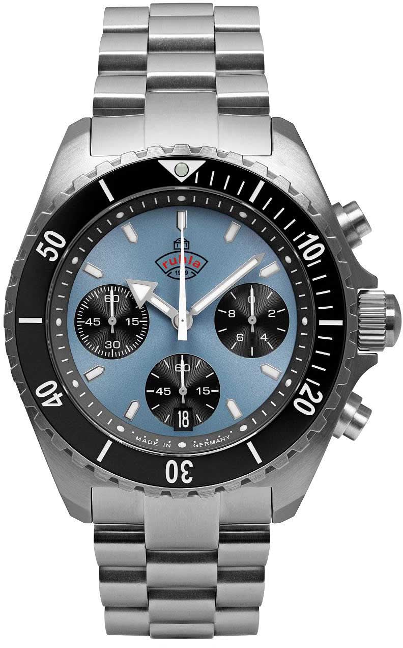 Reloj Ruhla Glasbach Cup para hombre con correa de acero inoxidable, esfera azul y cronógrafo