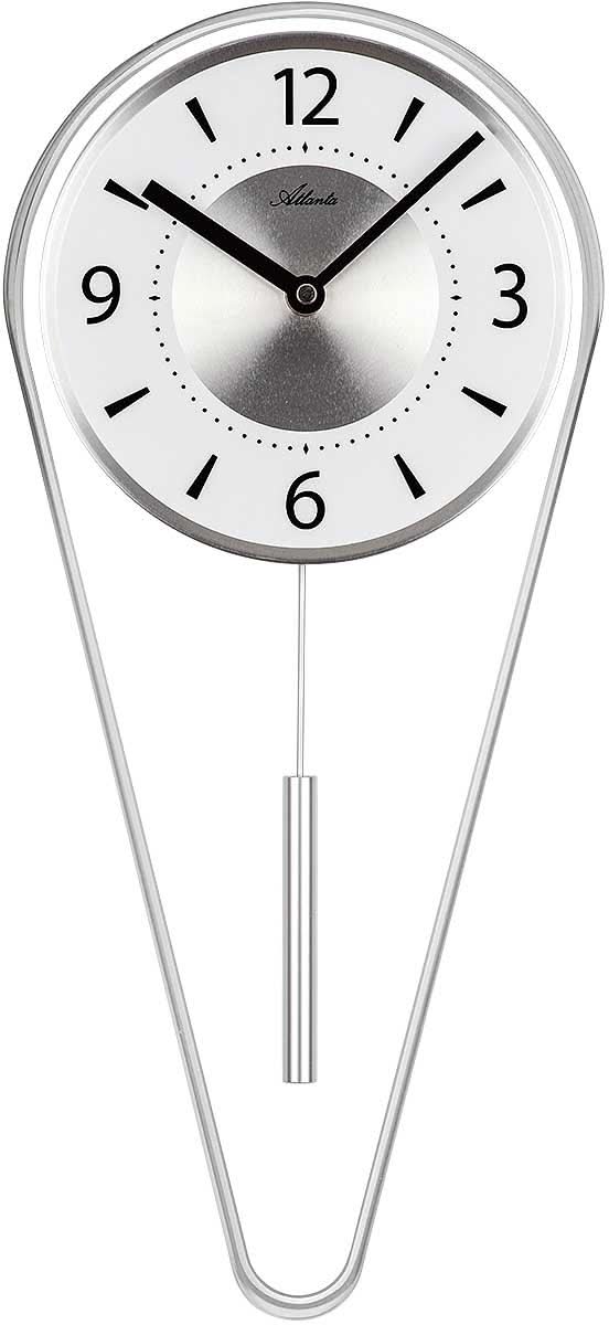 Reloj de pared de metal con esfera redonda, números romanos y péndulo metálico