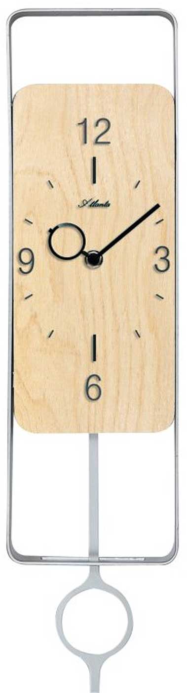 Reloj de pared con esfera de madera clara, números arábigos negros, manecillas y colgador ovalado