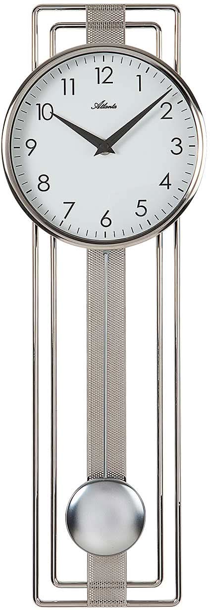 Reloj de pared con caja metálica rectangular, esfera blanca, manecillas negras y péndulo redondo