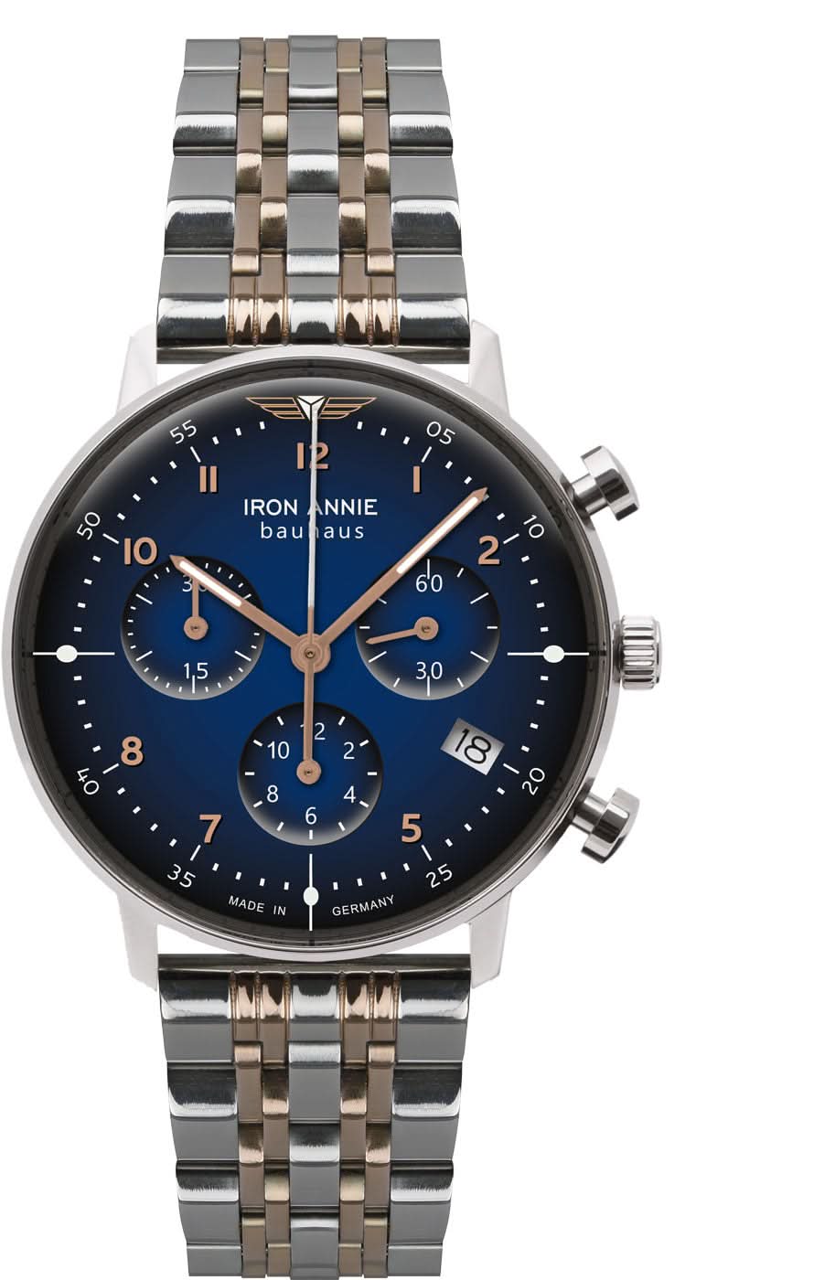 Reloj cronógrafo Iron Annie para mujer con esfera azul, correa de acero inoxidable con detalles dorados