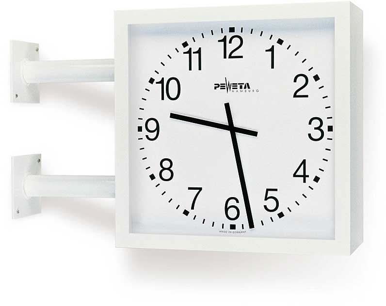 Reloj de pared cuadrado con marco metálico blanco, manecillas y números negros, Peweta
