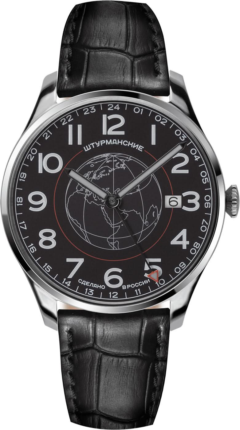 Reloj de hombre con correa de cuero negra y esfera negra, escala GMT 24h