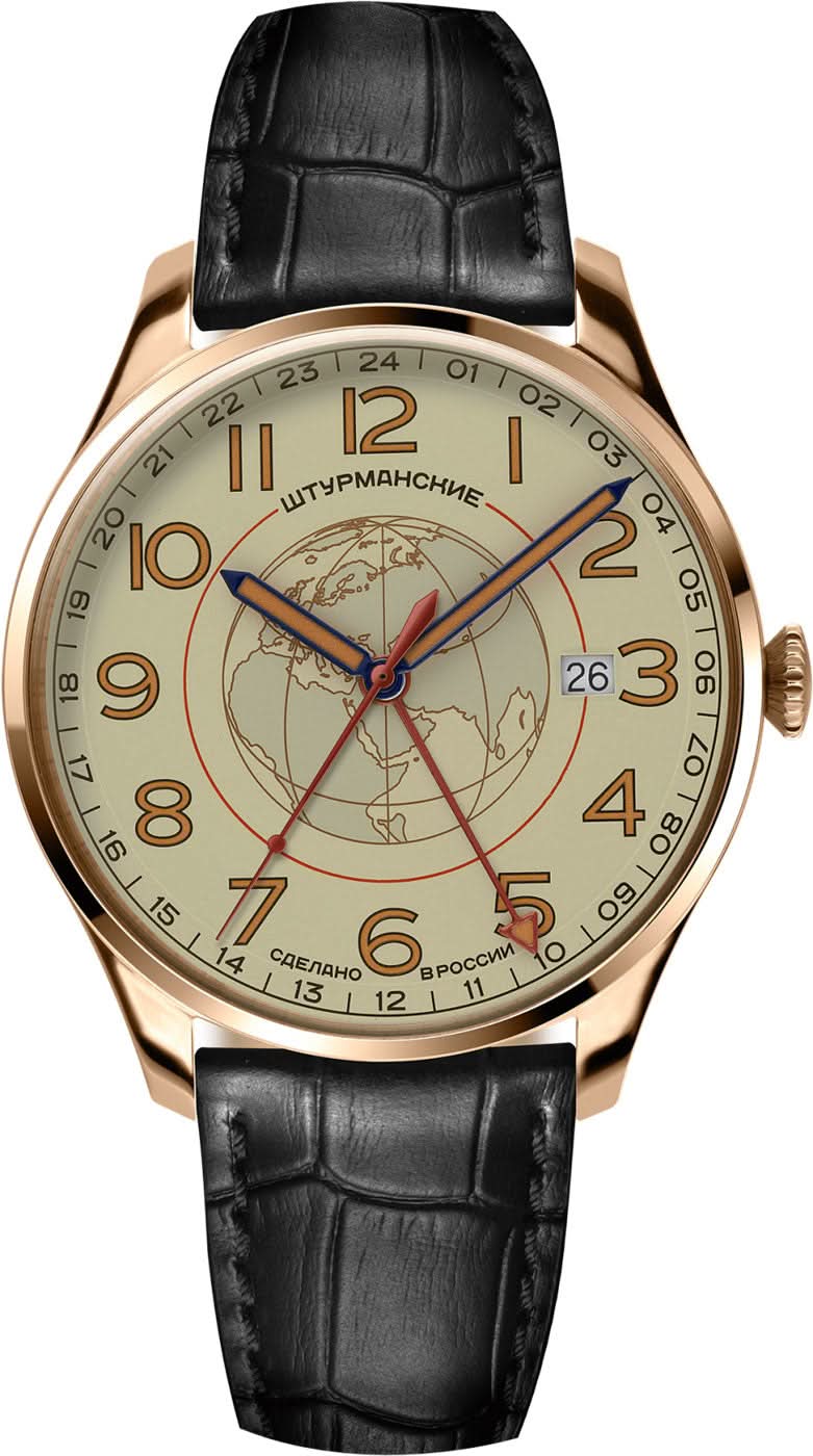Reloj de hombre con caja en tono oro rosa, correa de cuero negro y esfera multicolor