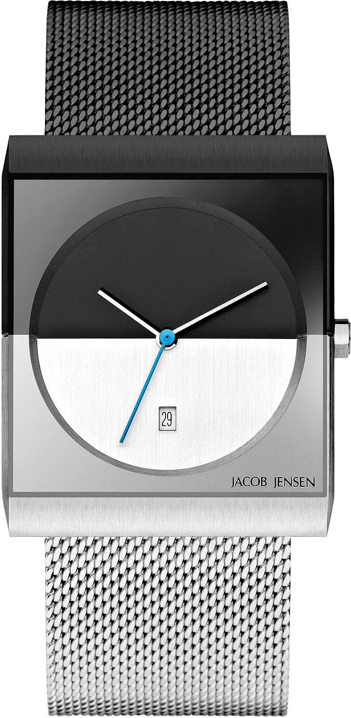 Reloj unisex: esfera negra, caja plateada, correa de malla de acero inoxidable