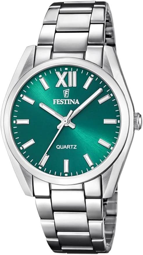 Reloj de mujer con pulsera de acero inoxidable, esfera verde y números romanos