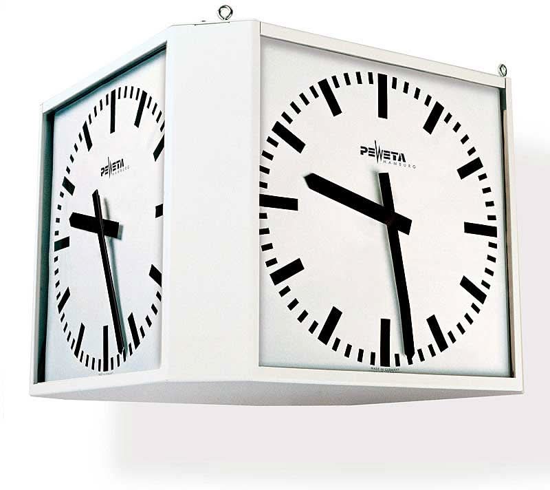 Reloj de pared Peweta de cuatro caras con marco blanco y manecillas negras grandes, controlado por radio